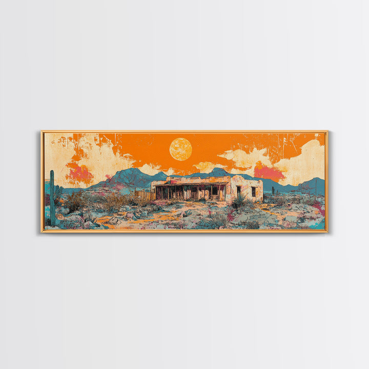 Orange Desert Adobe House Wall Art, Southwestern Landscape Canvas Print, Modern Rustic Home Decor, Santa Fe Style Poster