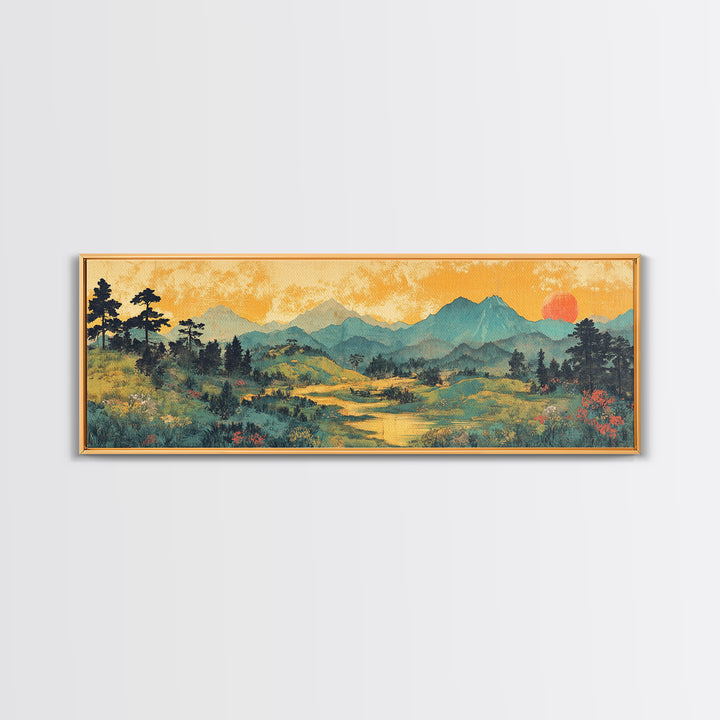 Misty Mountain Meadow Wall Art, Golden Sunrise Landscape Canvas Print, Nature Wall Decor, Above Sofa Living Room Decor Print