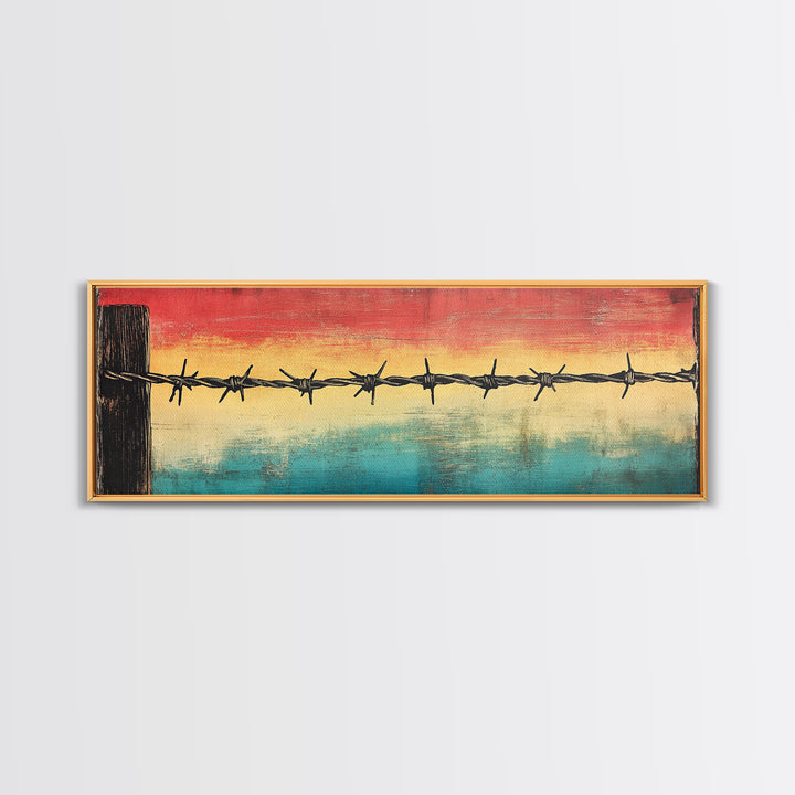 Barbed Wire Sunset Over Water Wall Art, Rustic Industrial Decor, Western Wall Art, Moody Canvas Print, Office Wall Decor