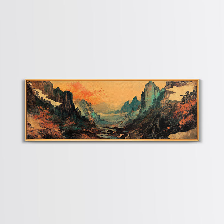 Misty Asian Mountain Valley Wall Art, Japanese Landscape, Zen Home Decor, Panoramic Canvas Print, Moody Living Room Wall Art