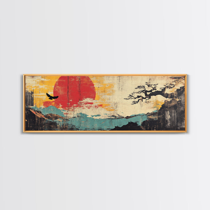 Red Sun Coastal Mountain Wall Art, Japanese Wall Art, Bird Silhouette, Japandi Decor, Panoramic Canvas Print, Home Decor