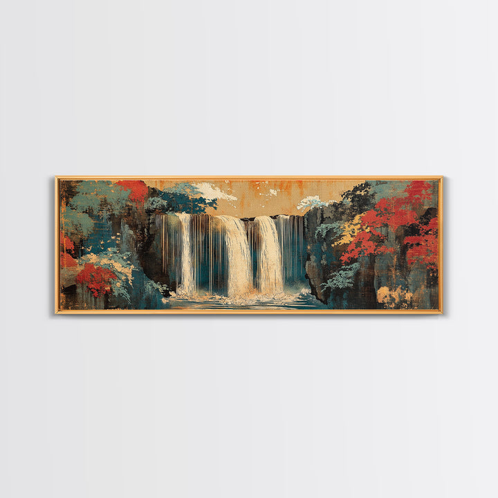 Misty Waterfall And Red Autumn Forest Wall Art, Japanese Landscape Canvas, Panoramic Nature Print, Serene Living Room Decor