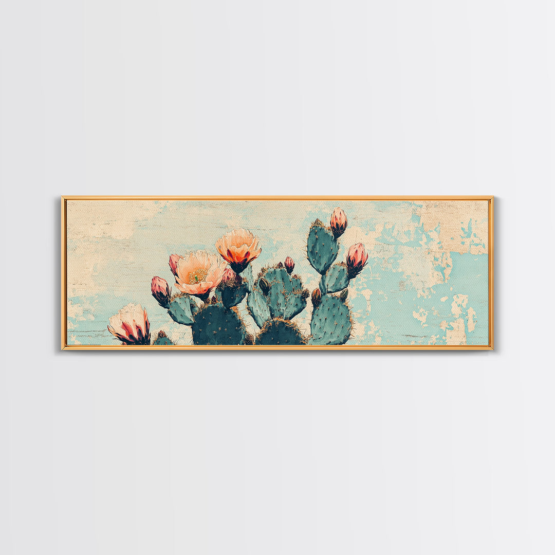 Blooming Prickly Pear Cactus Canvas Print, Southwestern Desert Wall Art, Floral Botanical Decor, Soft Blue Boho Home Decor