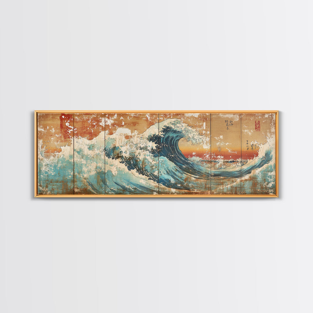 Great Japanese Wave With Golden Sky Canvas Print, Coastal Seascape Wall Art, Ocean Decor, Large Horizontal Living Room Art