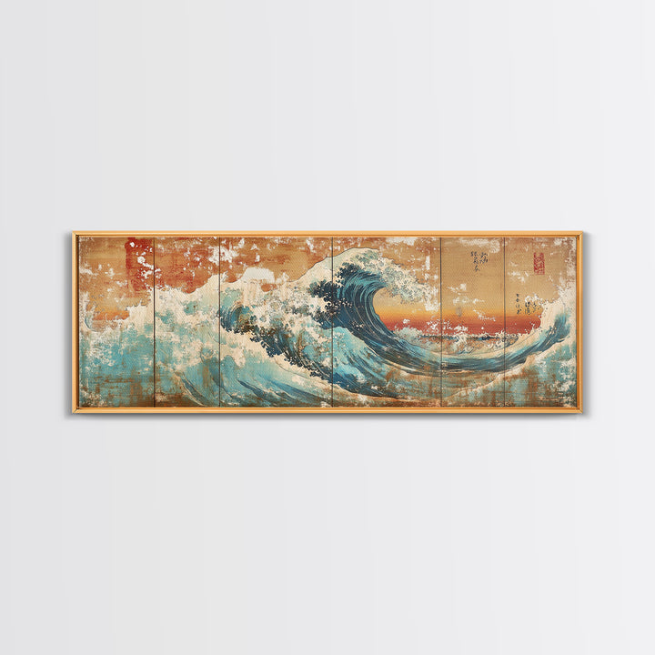 Great Japanese Wave With Golden Sky Canvas Print, Coastal Seascape Wall Art, Ocean Decor, Large Horizontal Living Room Art