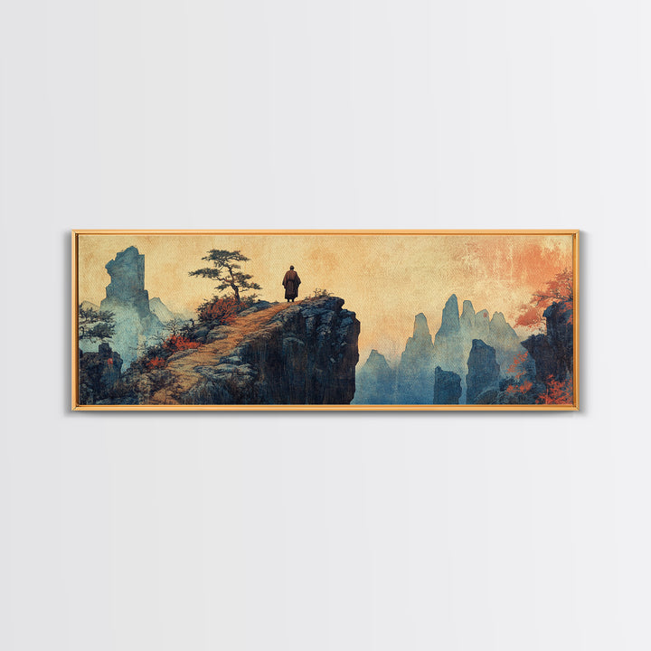 Solitary Monk On Cliff, Misty Asian Mountains Wall Art, Japanese Landscape Print, Zen Home Decor, Panoramic Canvas, Living Room Decor
