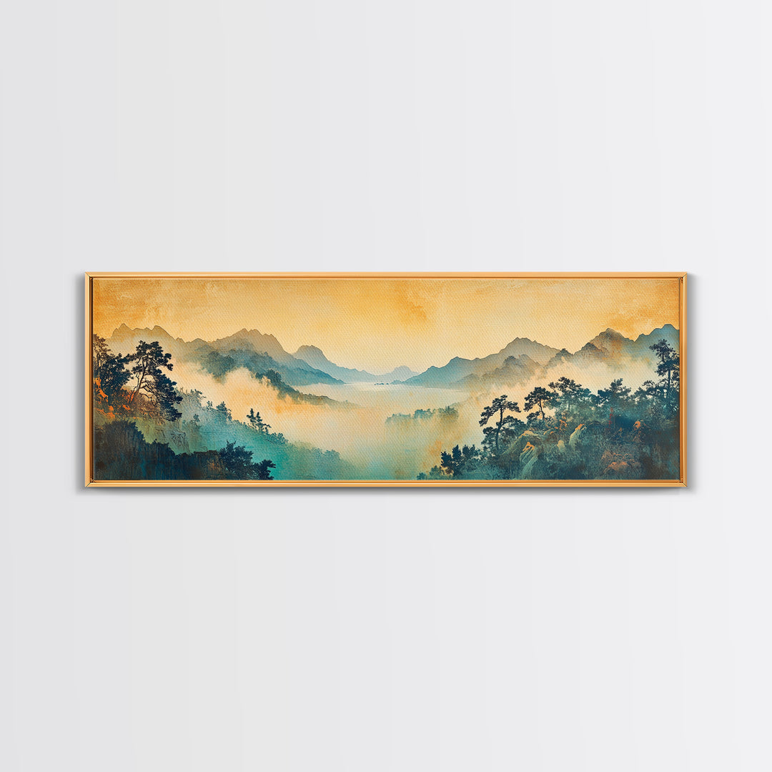 Misty Blue Mountain Valley Framed Canvas Print, Asian Landscape Wall Art, Zen Home Decor, Large Panoramic Nature Print, Office Decor