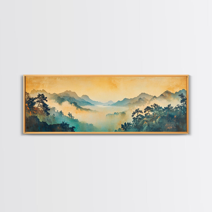Misty Blue Mountain Valley Framed Canvas Print, Asian Landscape Wall Art, Zen Home Decor, Large Panoramic Nature Print, Office Decor