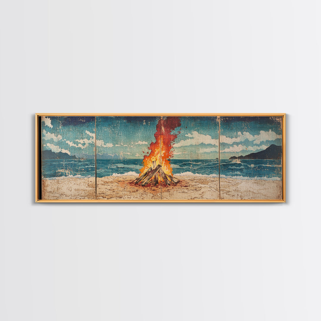 Beach Bonfire Beside Blue Ocean Wall Art, Coastal Triptych Print, Summer Seascape Decor, Large Framed Canvas Print Gift For Her