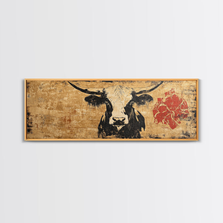Black And White Longhorn Cow Wall Art, Rustic Western Canvas Print, Farmhouse Ranch Decor, Southwest Animal Poster Print