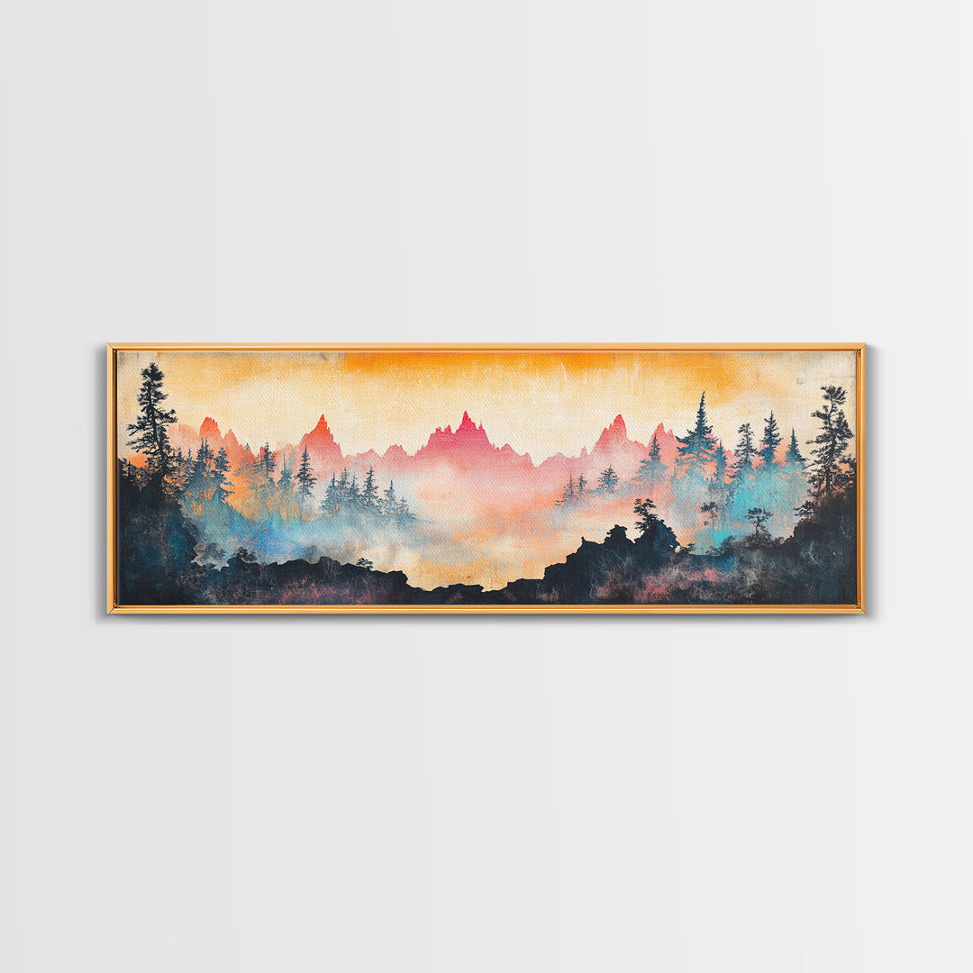 Misty Mountain Forest Sunrise Canvas Print, Panoramic Landscape Wall Art, Nature Inspired Living Room Home Decor, Cabin Decor