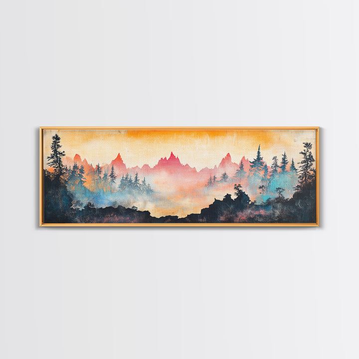 Misty Mountain Forest Sunrise Canvas Print, Panoramic Landscape Wall Art, Nature Inspired Living Room Home Decor, Cabin Decor