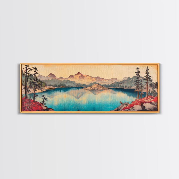 Turquoise Alpine Lake And Pine Mountain Wall Art, Panoramic Landscape Canvas Print, Rustic Cabin Living Room Home Decor Print