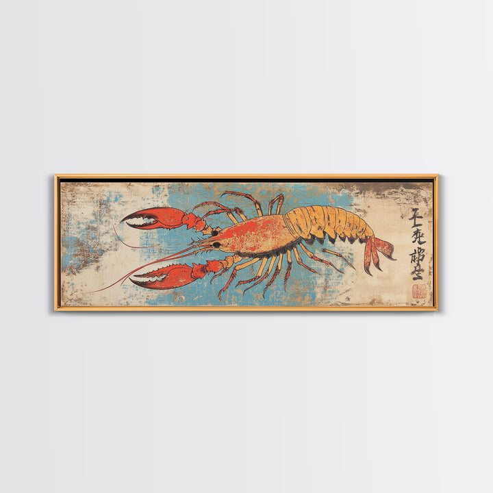 Orange Lobster On Weathered Blue Background Wall Art, Nautical Seafood Canvas Print, Coastal Kitchen Dining Room Decor Gift
