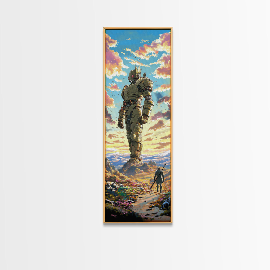 Colossal Stone Golem In Sunset Valley Wall Art, Fantasy Landscape Canvas Print, Epic Sci Fi Decor For Gamer Room And Living Room