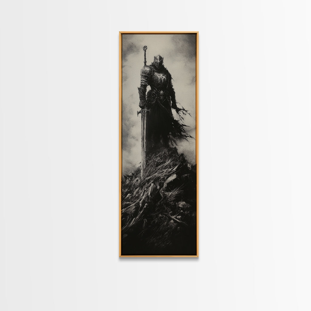 Dark Armored Knight With Sword Black And White Wall Art, Gothic Fantasy Canvas Print, Dark Academia Decor, Gift For Him Or Office Decor