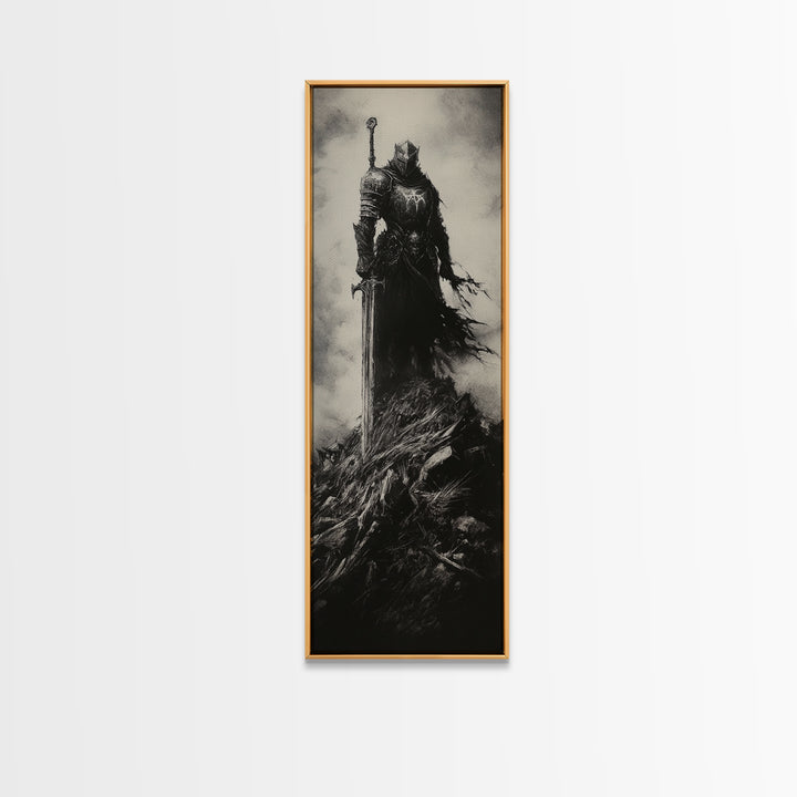 Dark Armored Knight With Sword Black And White Wall Art, Gothic Fantasy Canvas Print, Dark Academia Decor, Gift For Him Or Office Decor