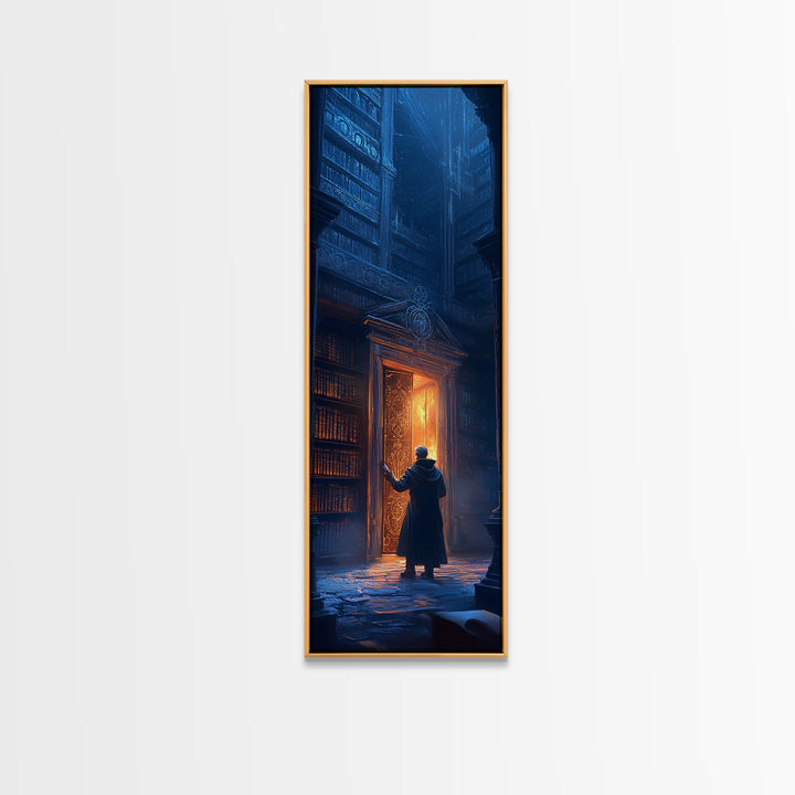 Glowing Portal Door In Dark Gothic Library Wall Art, Fantasy Bookstore Canvas Print, Dark Academia Decor For Reading Nook
