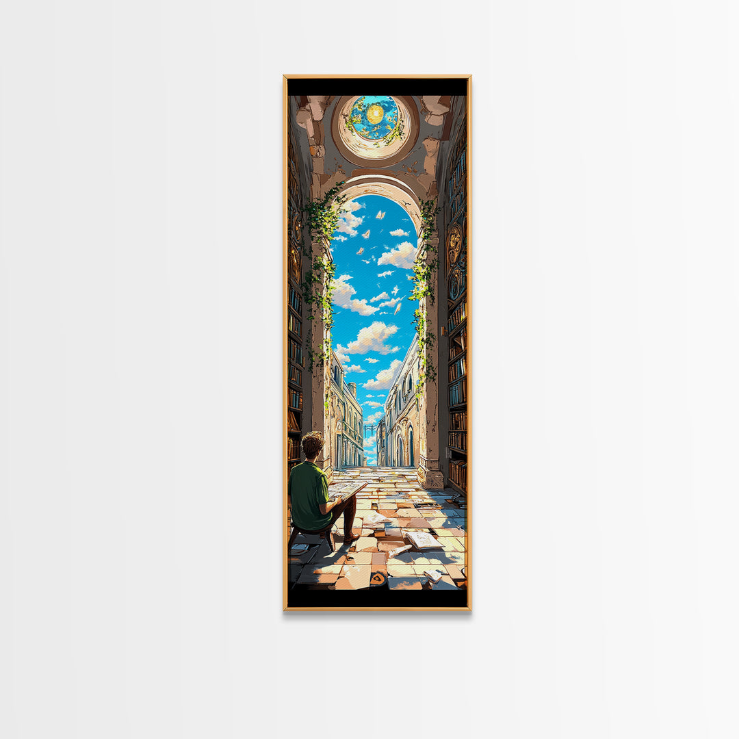 Sunlit Ruined Library Hall With Open Sky Wall Art, Whimsical Fantasy Canvas Print, Book Lover Decor For Reading Nook And Home Library