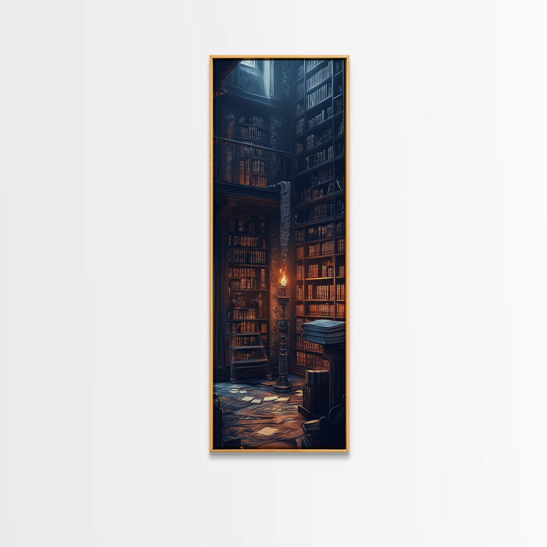 Moody Old Library With Tall Shelves And Candlelight Wall Art, Dark Academia Canvas Print, Gothic Home Library Wall Decor