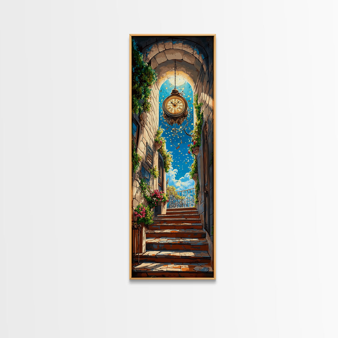 Golden Hanging Clock In Sunlit Stone Alley Wall Art, Fantasy City Canvas Print, Whimsical Travel Poster, Entryway Decor Gift