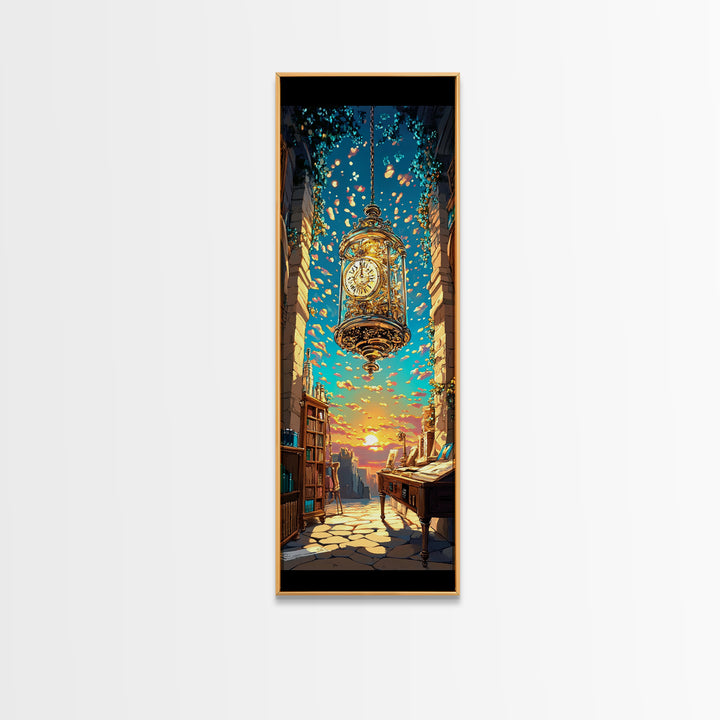 Floating Golden Clock Over Sunset Alley Wall Art, Whimsical Fantasy Canvas Print, Bookshop Travel Decor, Unique Gift For Her