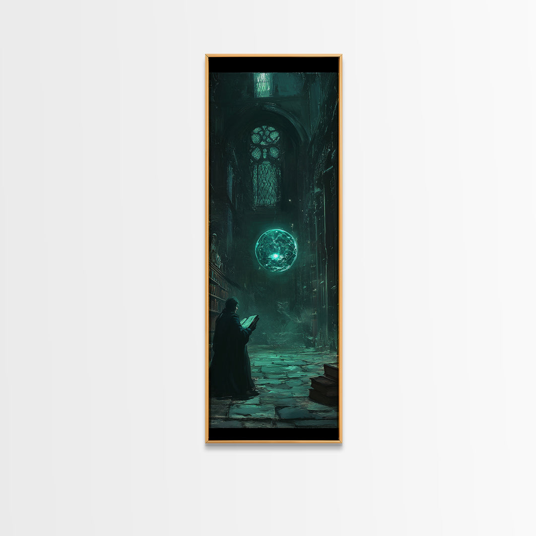 Dark Gothic Library With Teal Magic Orb Wall Art, Fantasy Castle Decor, Dark Academia Print, Moody Reading Nook Artwork Gift