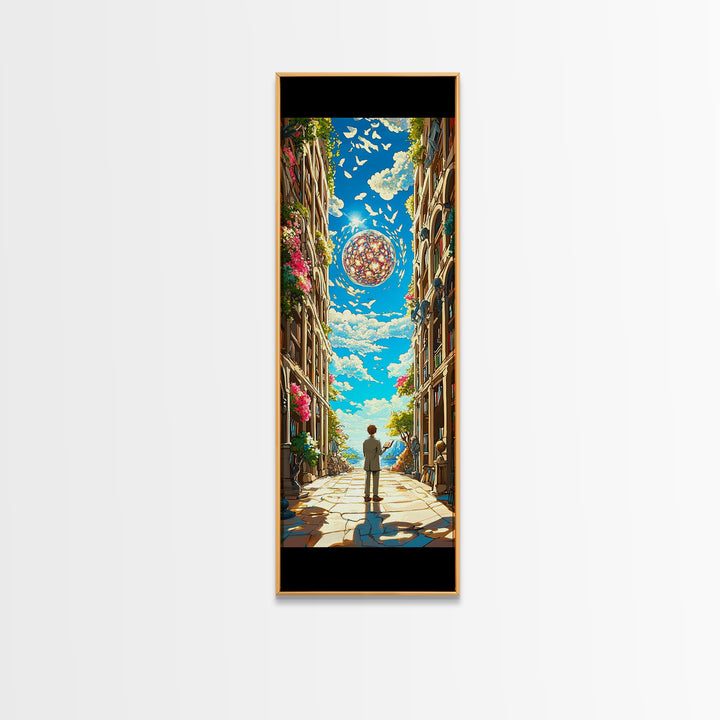 Sunlit European Alley With Birds And Glass Orb Canvas Print, Coastal Wall Art, Fantasy Travel Poster, Bright Home Decor Gift