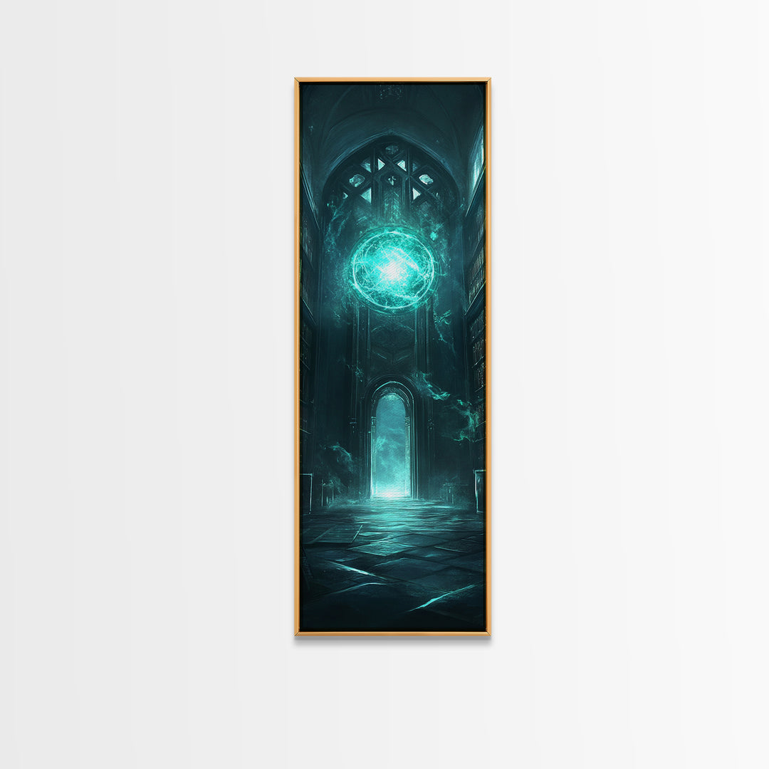 Teal Magic Orb In Gothic Cathedral Wall Art, Dark Fantasy Canvas Print, Dark Academia Decor, Mystical Library Artwork Gift