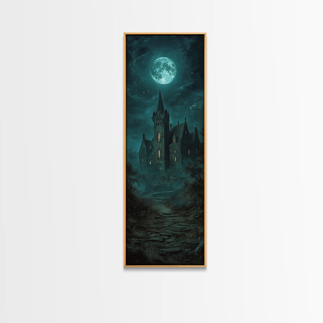 Moonlit Gothic Castle On Misty Path Wall Art, Dark Academia Canvas Print, Haunted House Decor, Moody Fantasy Gothic Wall Decor Gift