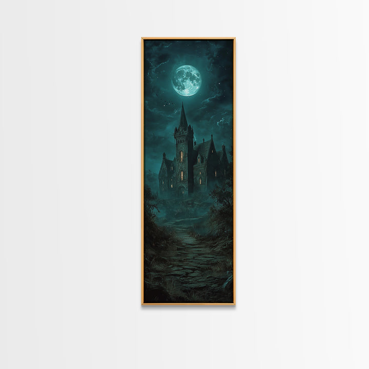 Moonlit Gothic Castle On Misty Path Wall Art, Dark Academia Canvas Print, Haunted House Decor, Moody Fantasy Gothic Wall Decor Gift
