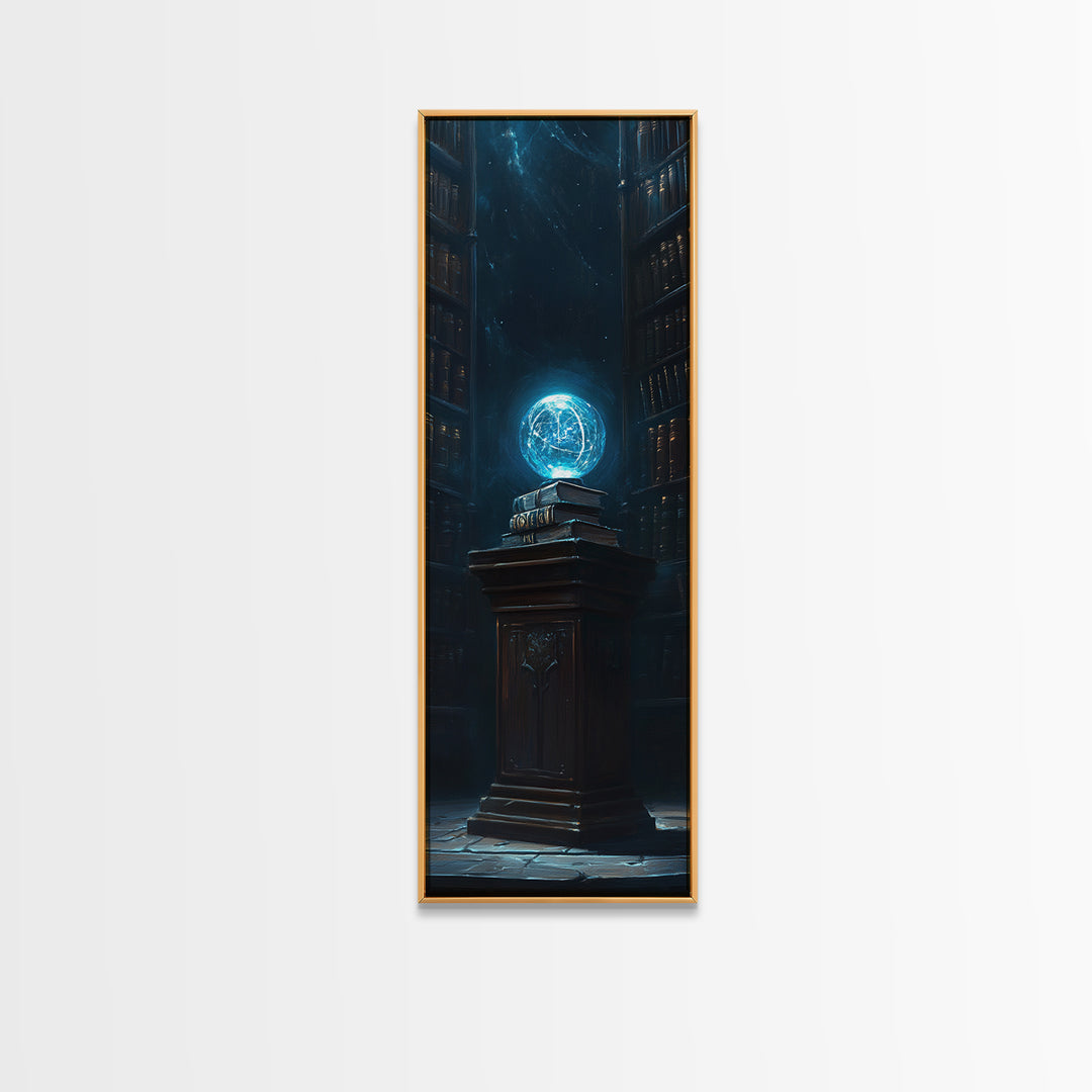 Glowing Blue Orb In Dark Library Framed Canvas Print, Fantasy Wall Decor, Mystical Bookish Art For Dark Academia Reading Nook Decor