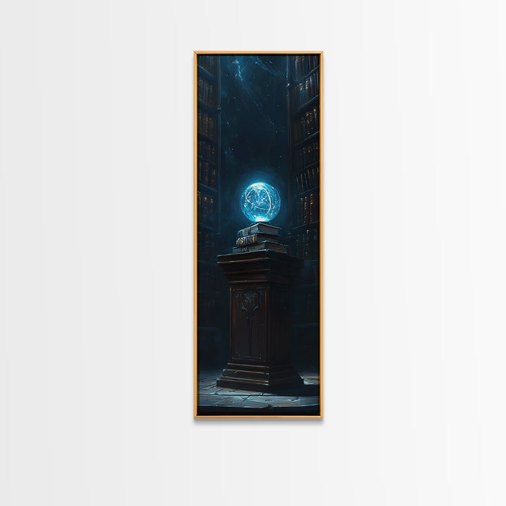 Glowing Blue Orb In Dark Library Framed Canvas Print, Fantasy Wall Decor, Mystical Bookish Art For Dark Academia Reading Nook Decor