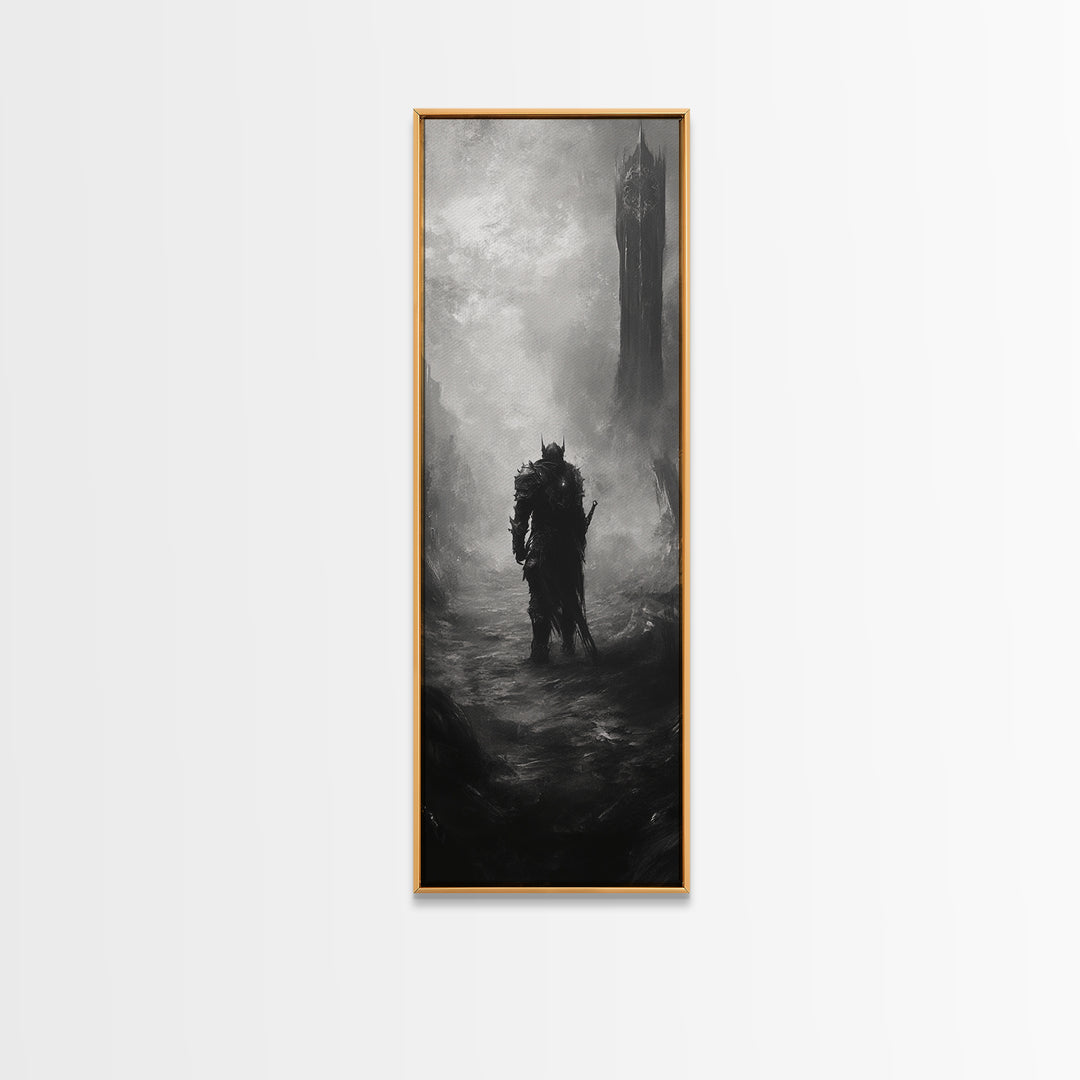 Lone Warrior Before Dark Tower Wall Art, Black And White Fantasy Print, Gothic Dark Art For Game Room Decor, Moody Statement Artwork