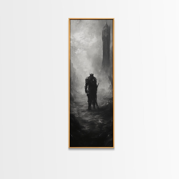 Lone Warrior Before Dark Tower Wall Art, Black And White Fantasy Print, Gothic Dark Art For Game Room Decor, Moody Statement Artwork