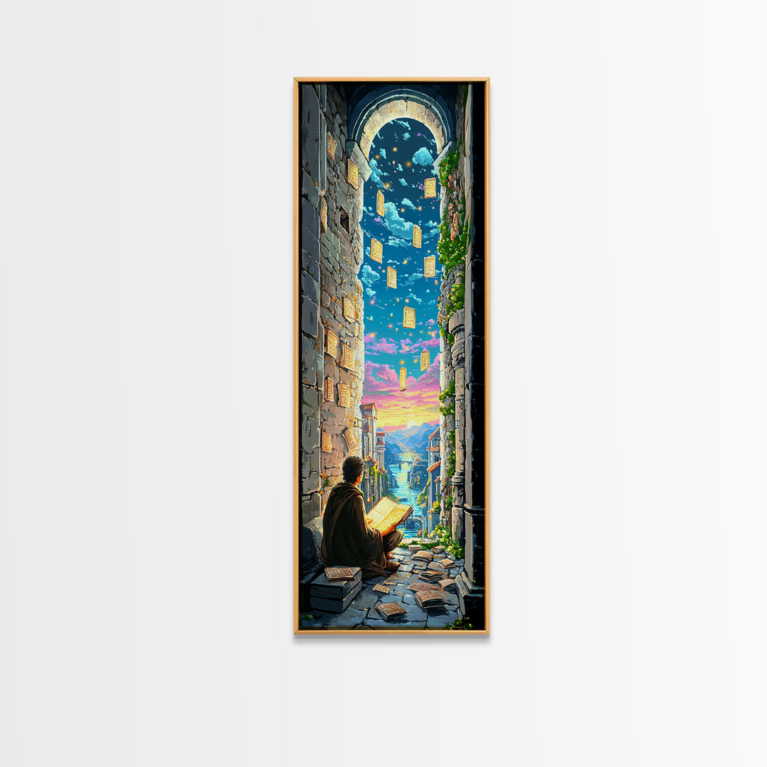 Scholar Reading Under Stone Arch Canvas Print, Floating Pages Fantasy Wall Decor, Magical Library Art For Book Lovers Gift