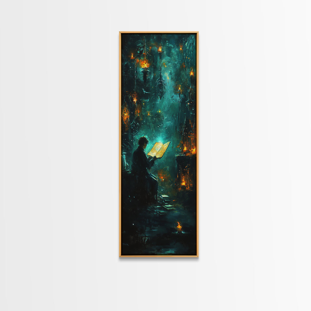 Glowing Book In Enchanted Forest Wall Art, Dark Fantasy Reading Nook Decor, Mystical Teal Library Print For Book Lovers Gift