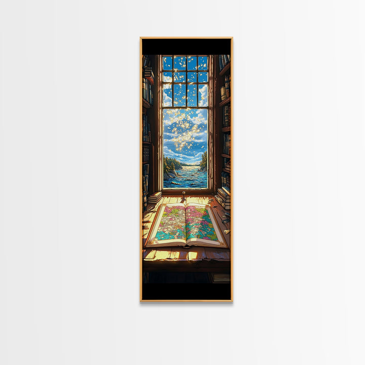 Open Map By Ocean Library Window Canvas Print, Bookish Coastal Wall Decor, Sunlit Travel Art For Reading Nook And Study Decor