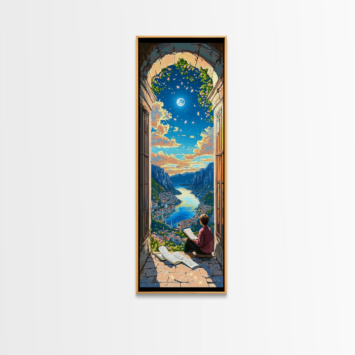Reader In Arched Window Over Moonlit Valley Framed Canvas Print, Bookish Wall Art, Cozy Library Decor, Fantasy Art Print Gift