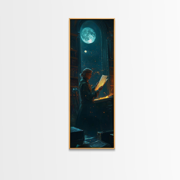 Moonlit Scholar Reading Ancient Scroll Canvas Print, Dark Academia Wall Art, Magical Library Decor, Book Lover Gift For Readers
