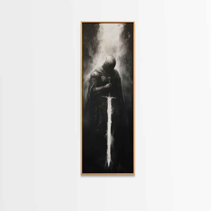Hooded Knight With Glowing Sword Wall Art, Black And White Fantasy Print, Gothic Dark Academia Decor, Medieval Sword Art