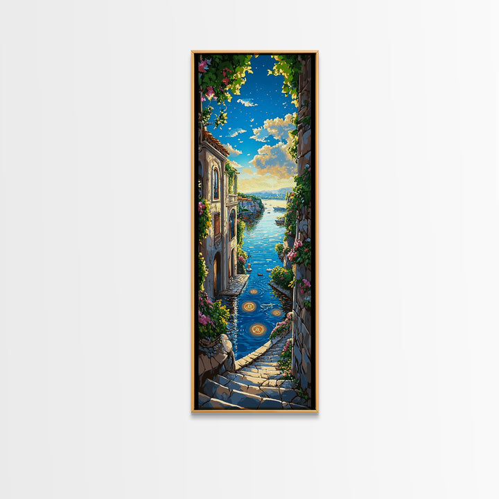 Sunlit Mediterranean Seaside Stairway Wall Art, Coastal Village Canvas Print, Italian Decor, Travel Poster, Beach House Gift