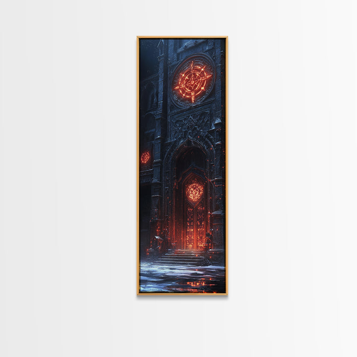 Glowing Gothic Cathedral Door Framed Canvas Print, Dark Fantasy Wall Art, Magical Architecture Decor, Occult Castle Poster