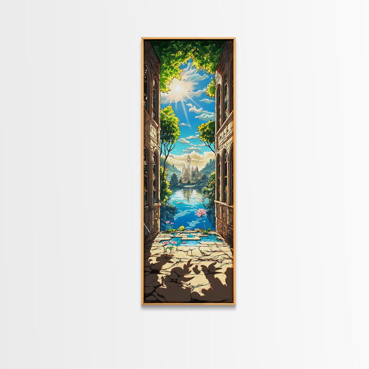 Sunlit Ruins Archway To Castle Lake Canvas Print, Fantasy Landscape Wall Art, Magical Nature Decor, Serene Travel Poster