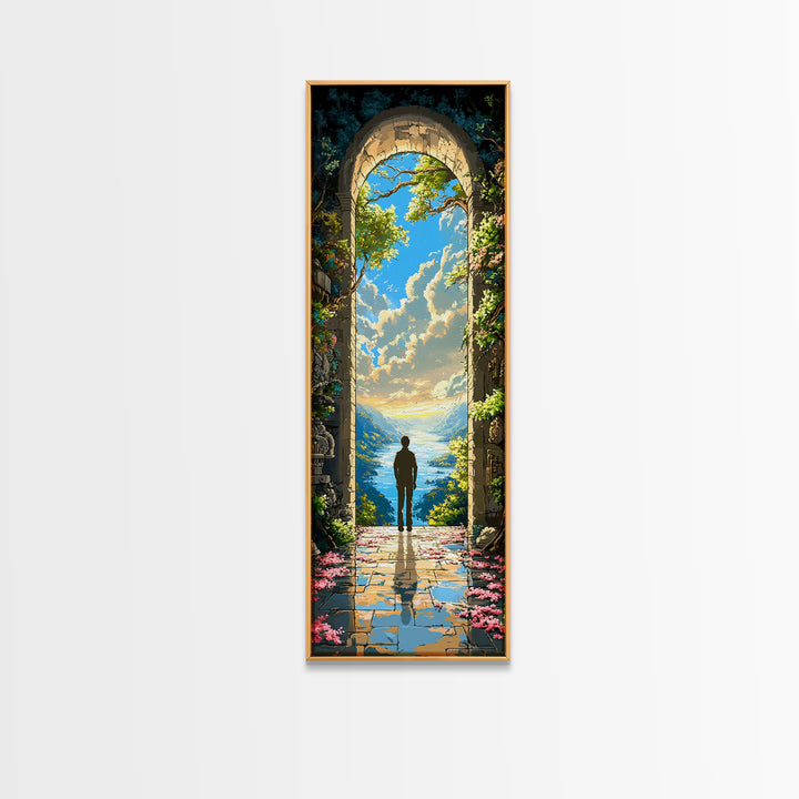 Solitary Figure In Sunlit Ocean Archway Framed Canvas Print, Coastal Fantasy Wall Art, Serene Landscape Decor Gift For Home