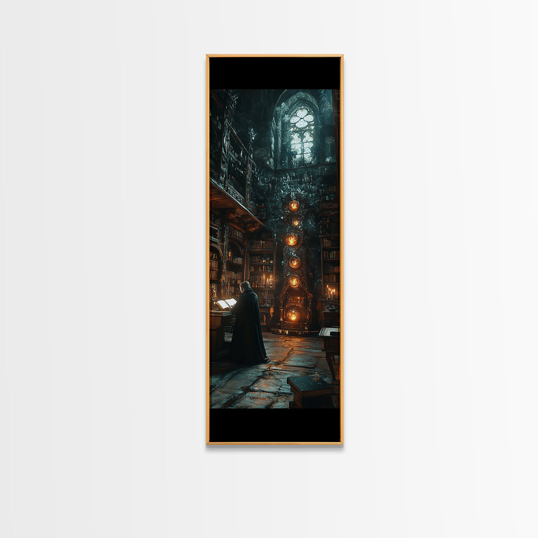 Dark Academia Magical Library Framed Canvas Print, Gothic Bookish Wall Decor, Wizard Study Artwork For Moody Reading Room
