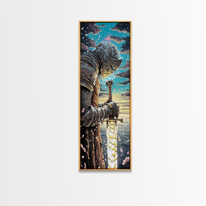Weathered Knight With Glowing Sword Canvas Print, Medieval Fantasy Wall Art, Dark Academia Decor, Epic Warrior Artwork For Him