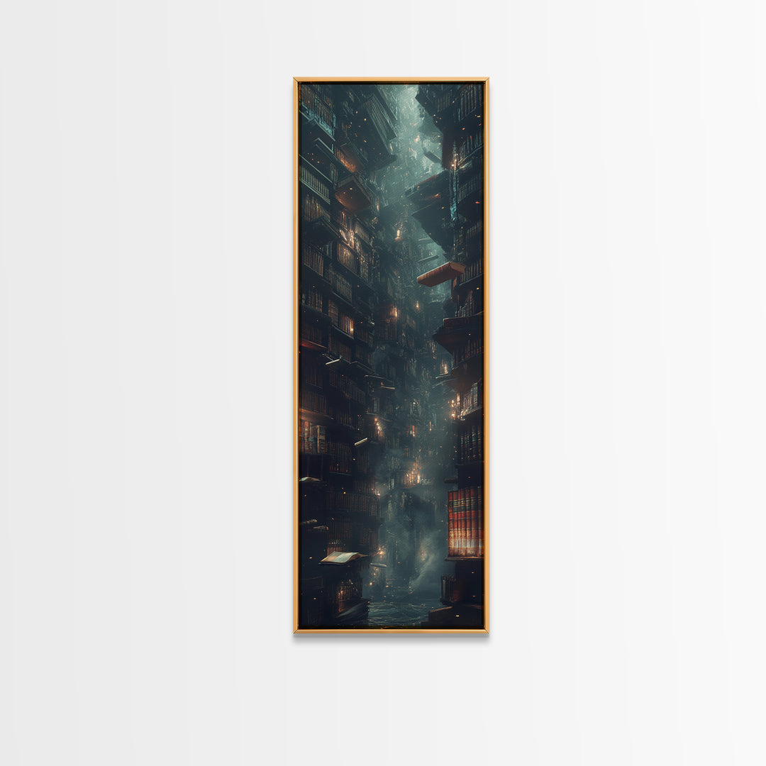 Towering Dark Library With Floating Book Wall Art, Moody Bookish Decor, Dark Academia Fantasy Print For Gothic Reading Nook