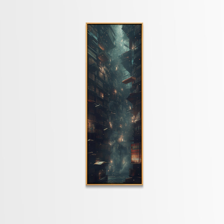 Towering Dark Library With Floating Book Wall Art, Moody Bookish Decor, Dark Academia Fantasy Print For Gothic Reading Nook