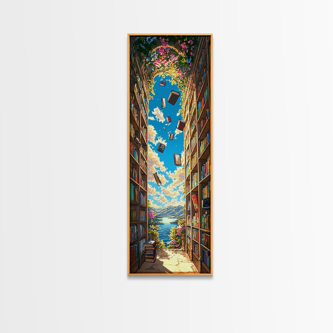 Blooming Library Arch With Floating Books Wall Art, Whimsical Book Lover Decor, Coastal Reading Nook Print, Colorful Art